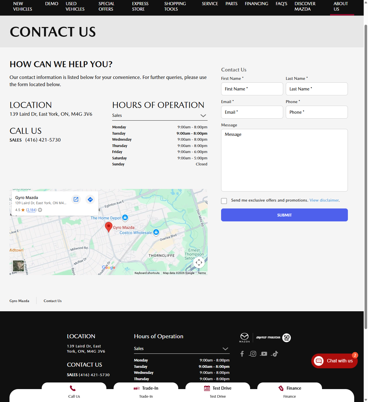 Gyro Mazda contact form showing name, email and phone fields with an unchecked checkbox reading 'Send me exclusive offers and promotions. View disclaimer.'